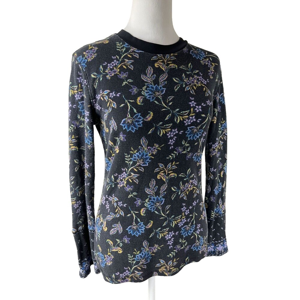 Sundance Loretta Thermal Waffle Knit Tee Long Sleeve Black Wildflower Floral M - Picture 5 of 14